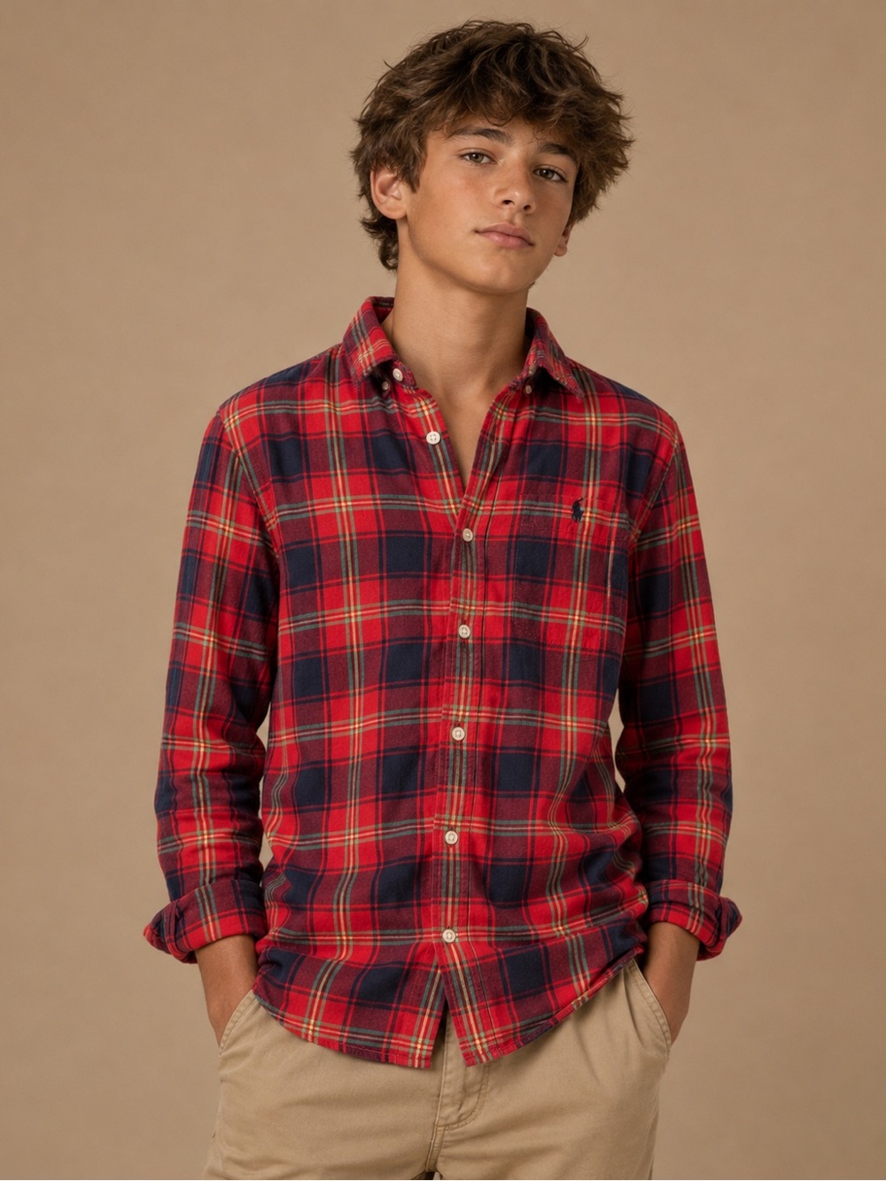 Ralph Lauren Boys Plaid Flannel Button Down Shirt | Red Navy Green Medium 10-12